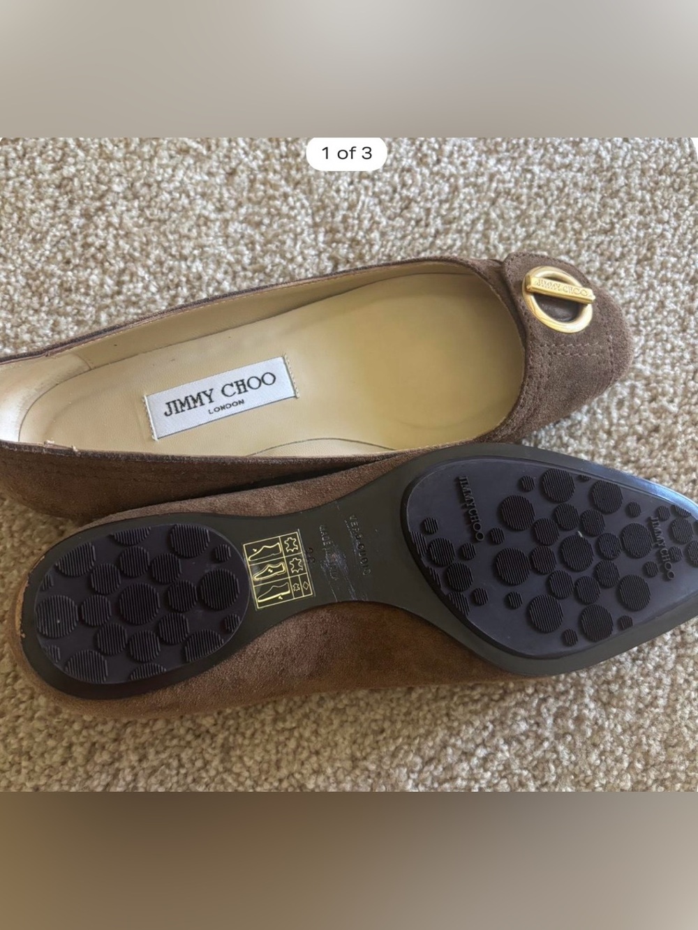 Jimmy Choo Brown Suede Round-Toe Ballet Flats with Gold Accent